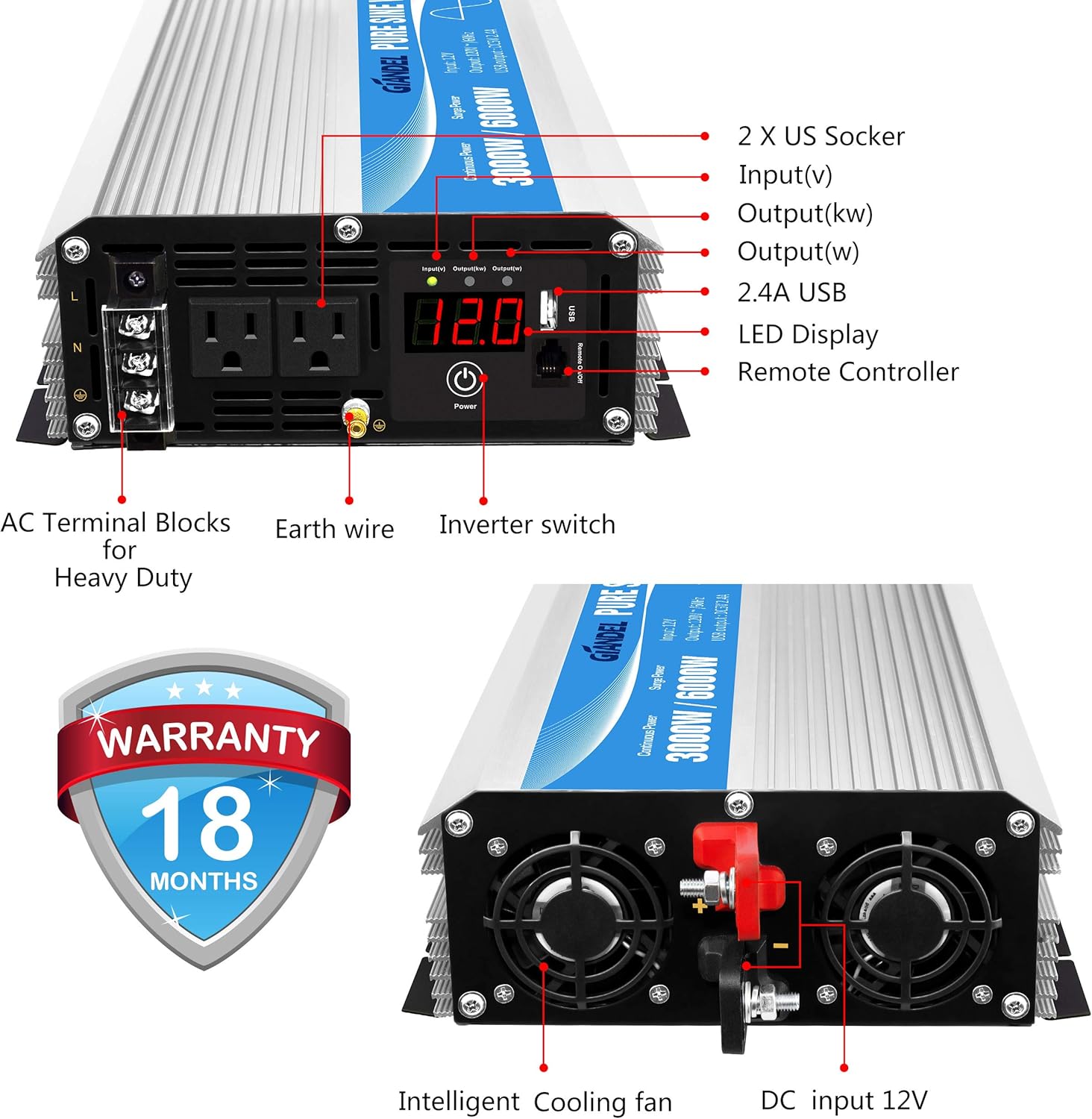 GIANDEL 2200W Pure Sine Wave Power Inverter 12V DC to 110V 120V AC with 20A Solar Charge Control and Remote Control&LED Display and Dual AC Outlets &1x2.4A USB Port for RV Truck Car Solar System