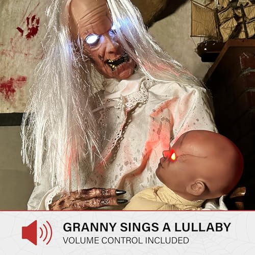 Haunted Hill Farm Life-Size 2.9-Ft Animatronic Gravely Granny by Tekky Halloween Decoration with Motion-Activated Sounds