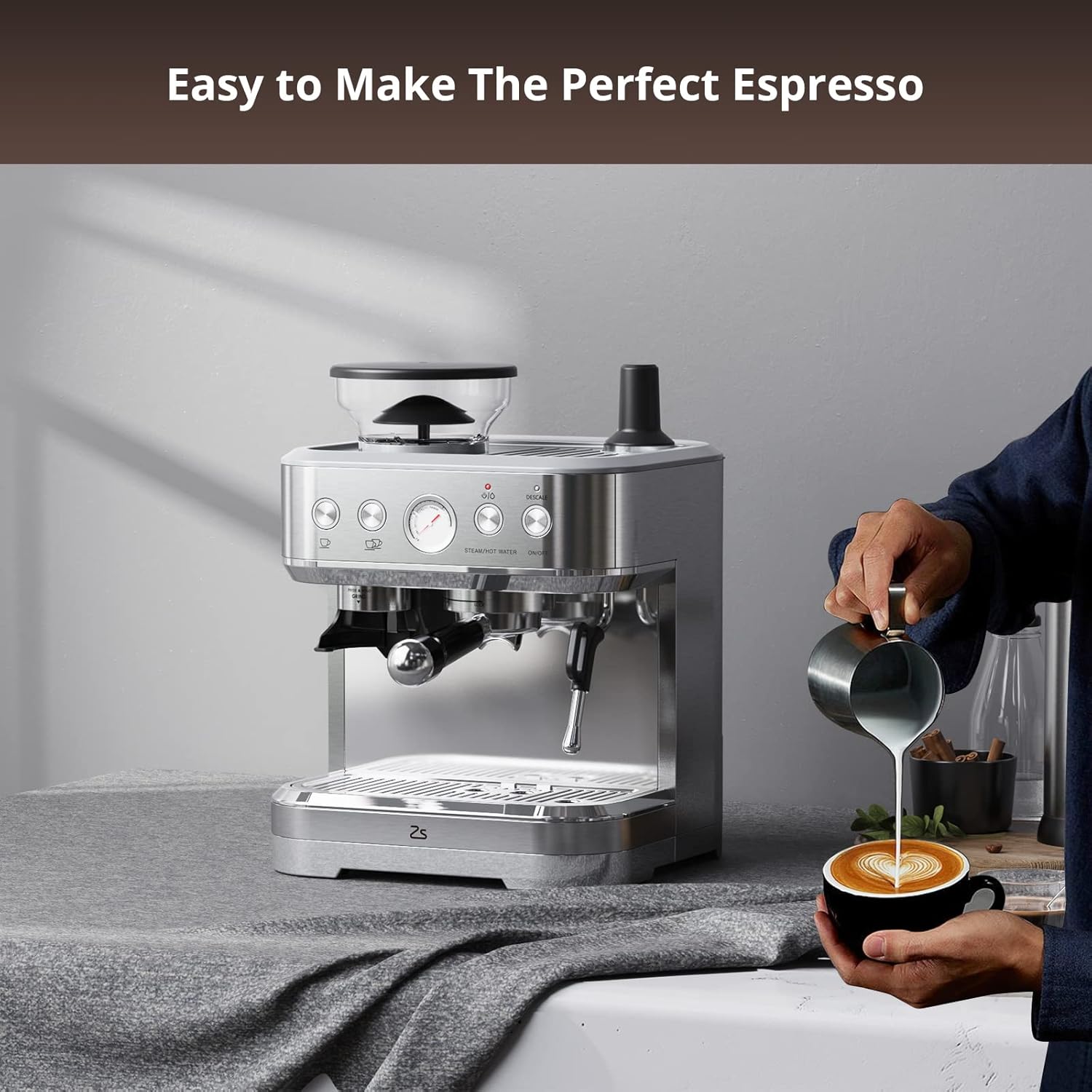 Espresso Machine with Grinder, Upgraded 15 Bar Automatic Espresso Coffee Maker with Milk Frother for Cappuccino Latte
