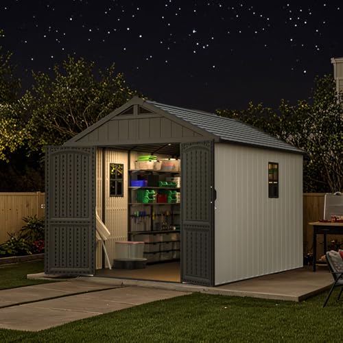 Patiowell 8 x 12 FT Plastic Outdoor Storage Shed with Floor, Resin Shed with Window and Lockable Door for Garden, Backyard, Tool Storage Use, Easy to Install in Beige (Kick-it Shed)