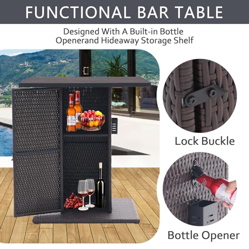 Patio Bar Set 5-Piece Outdoor Wicker Bar Set, Wicker Bar Table with Built-in Bottle Opener, Hidden Storage Shelf and 4 Stools for Outside Backyards Porches Gardens Poolside (Grey)