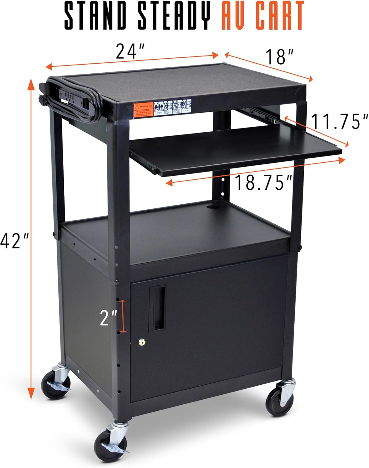 Line Leader Large AV Cart with Locking Cabinet | Height Adjustable Utility Cart | Includes Pullout Keyboard Tray & Cord Management | Easy Assembly (32in x 18in x 42in / Black)