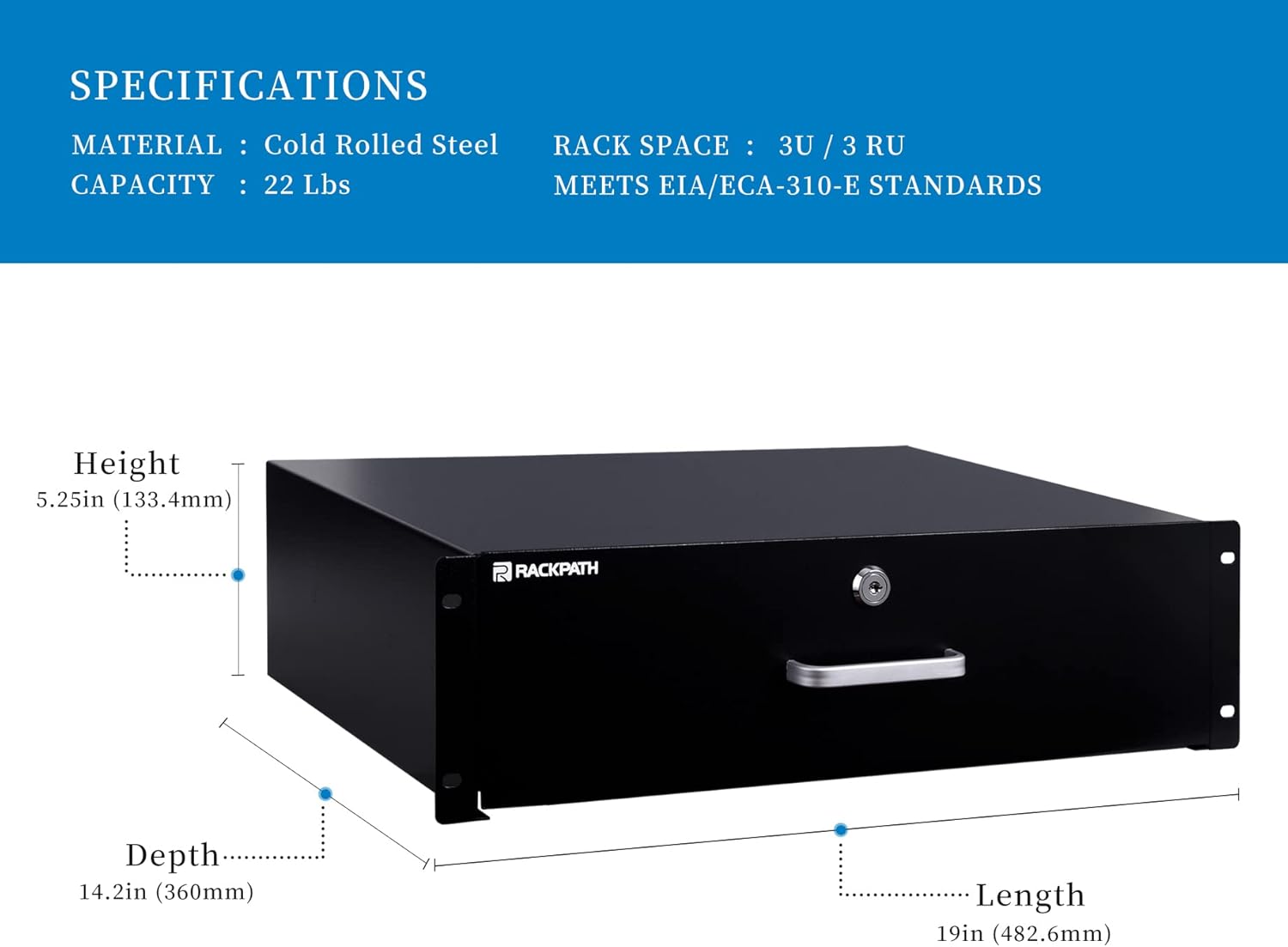 RackPath 1U Rack Mount Drawer for 19 Inch AV/Network/DJ Equipment Racks or Cabinets with Lock and Key