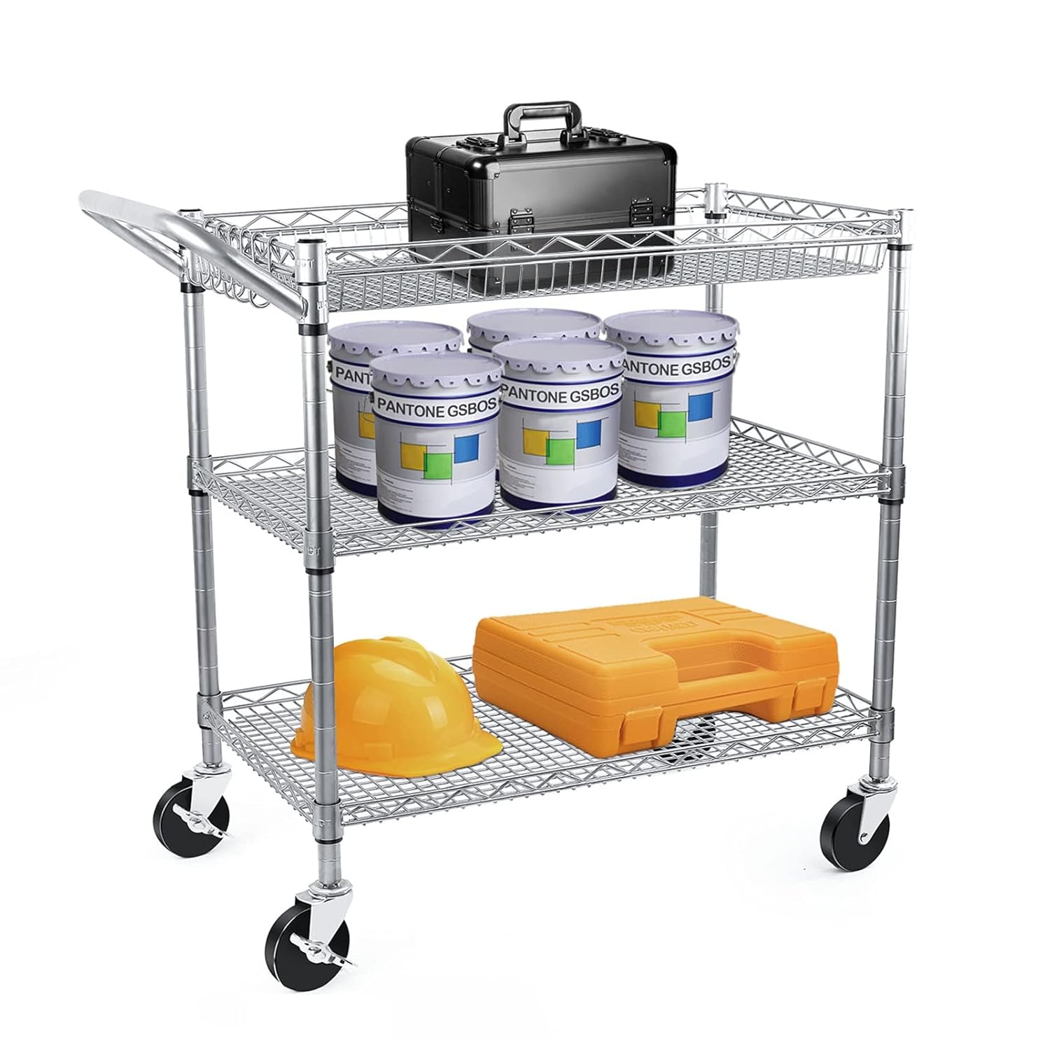 WDT Heavy Duty 3 Tier Rolling Utility Cart, Kitchen?Cart on Wheels Metal Serving Cart Commercial Grade with Wire Shelving Liners and Handle Bar for Kitchen Office Hardware