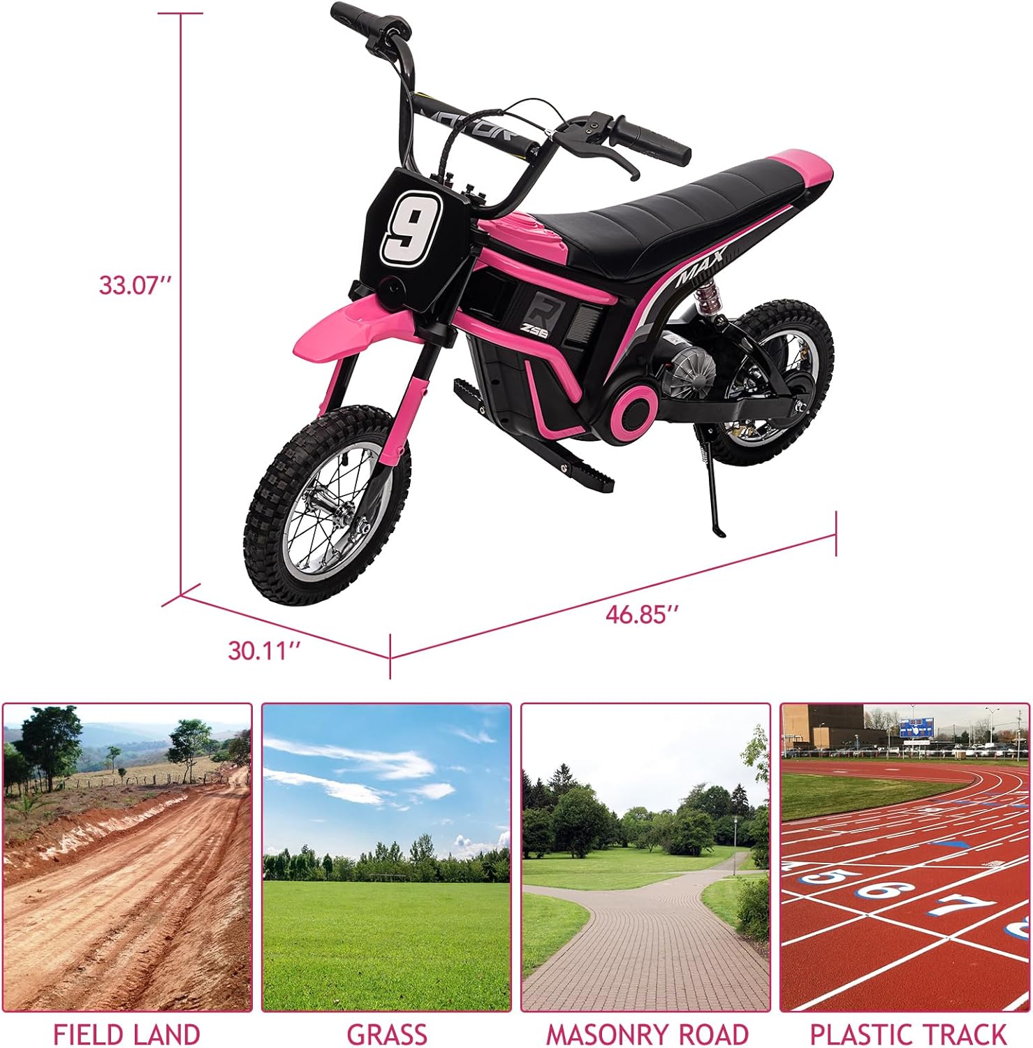 24V Ride On Motorcycle Dirt Bike, Dirt Rocket Electric-Powered Dirt Bike with Authentic Motocross Dirt Bike Geometry, Rear-Wheel Drive, High-Torque, Chain-Driven Motor, for Kids 13+ (Pink)
