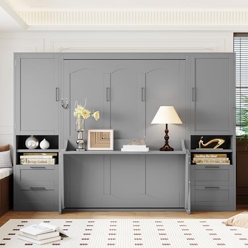 Merax Queen Size Murphy Bed with Desk, Space-Saving Wall Bed Frame with Closet, Drawers and Shelves, Foldable Platform Bed for Small Spaces Studio Study Office Guest Room, Gray