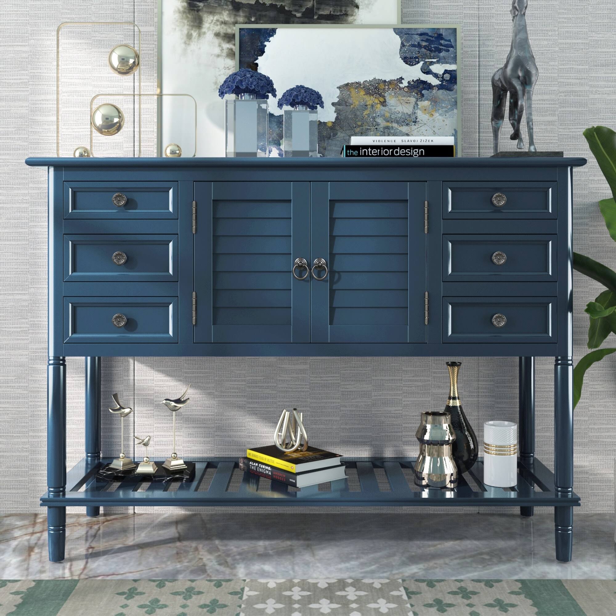 Nestfair Modern Console Table Sofa Table with 6 Drawers and Cabinet - Green