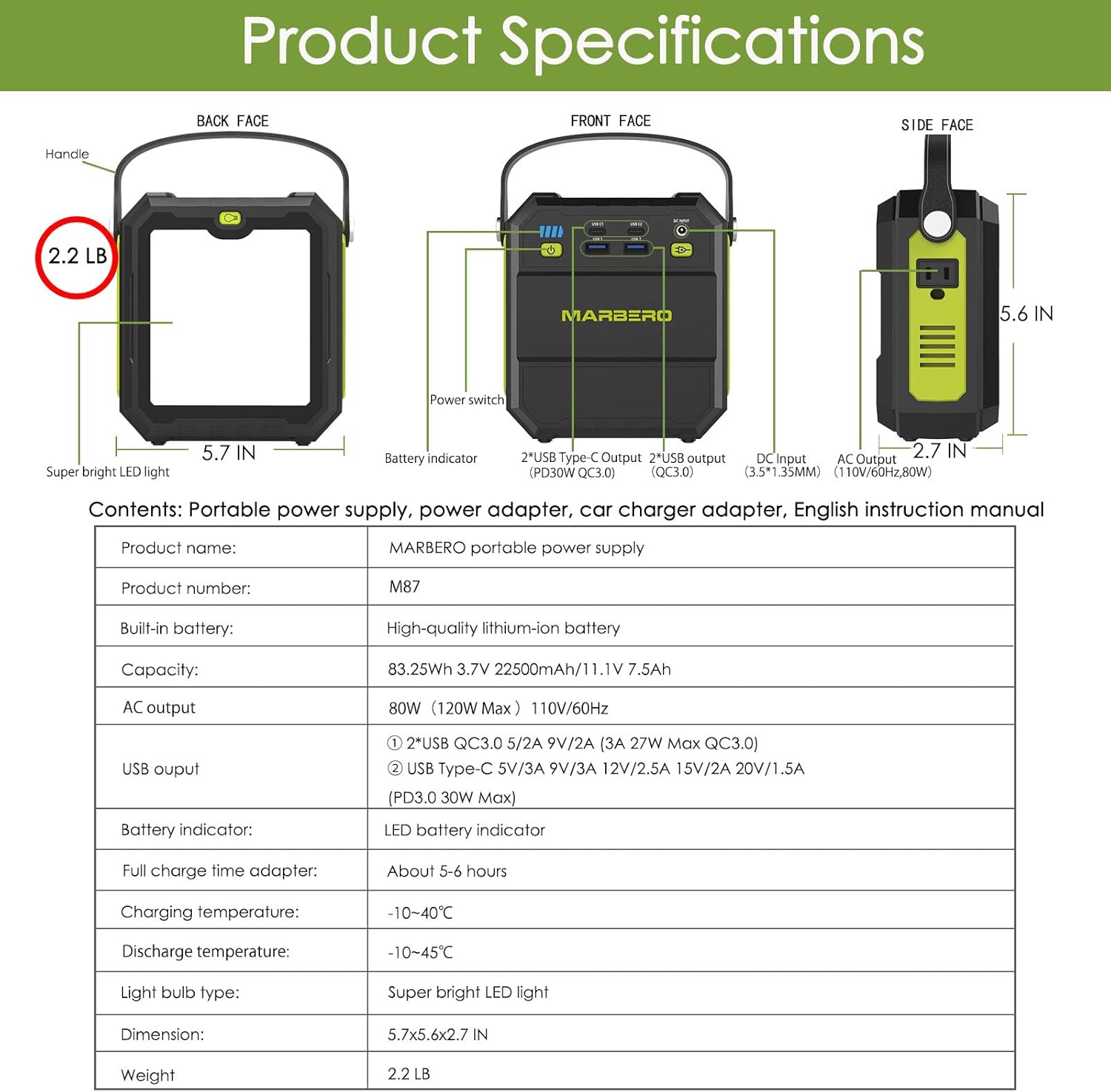 MARBERO Portable Power Station, 83Wh Solar Generator 22500mAh Camping Lithium Battery Emergency Power Station with AC Outlet 4 USB Ports, Power Supply with Super Bright Flashlight for Camping Outdoor Home (Green)