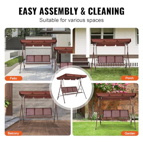 VEVOR 3-Seat Patio Swing Chair, Converting Canopy Swing, Outdoor Patio Porch with Adjustable Canopy, Removable Thick Cushion and Alloy Steel Frame, for Balcony, Backyard, Poolside, Brown