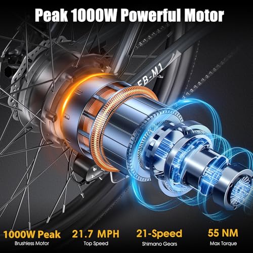 Electric Bike for Adults, Peak 1000W Ebike, 50Miles 21.7MPH Adult Electric Bicycles, 26" Electric Mountain Bike 48V 374.4WH Battery, Commuter E Bike with Adjustable Stem, Fenders, 21 Speed