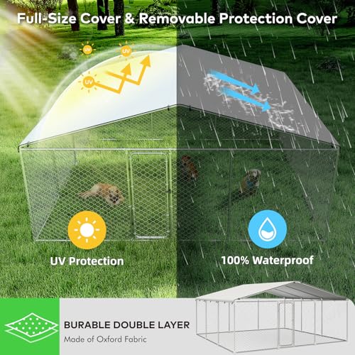 7.8x7.8 FT Extra Large Outdoor Dog Kennel Outside, Heavy Duty Dog Enclosure with Waterproof Cover and Security Lock, Galvanized Chain Link Dog Cage for Large Dogs