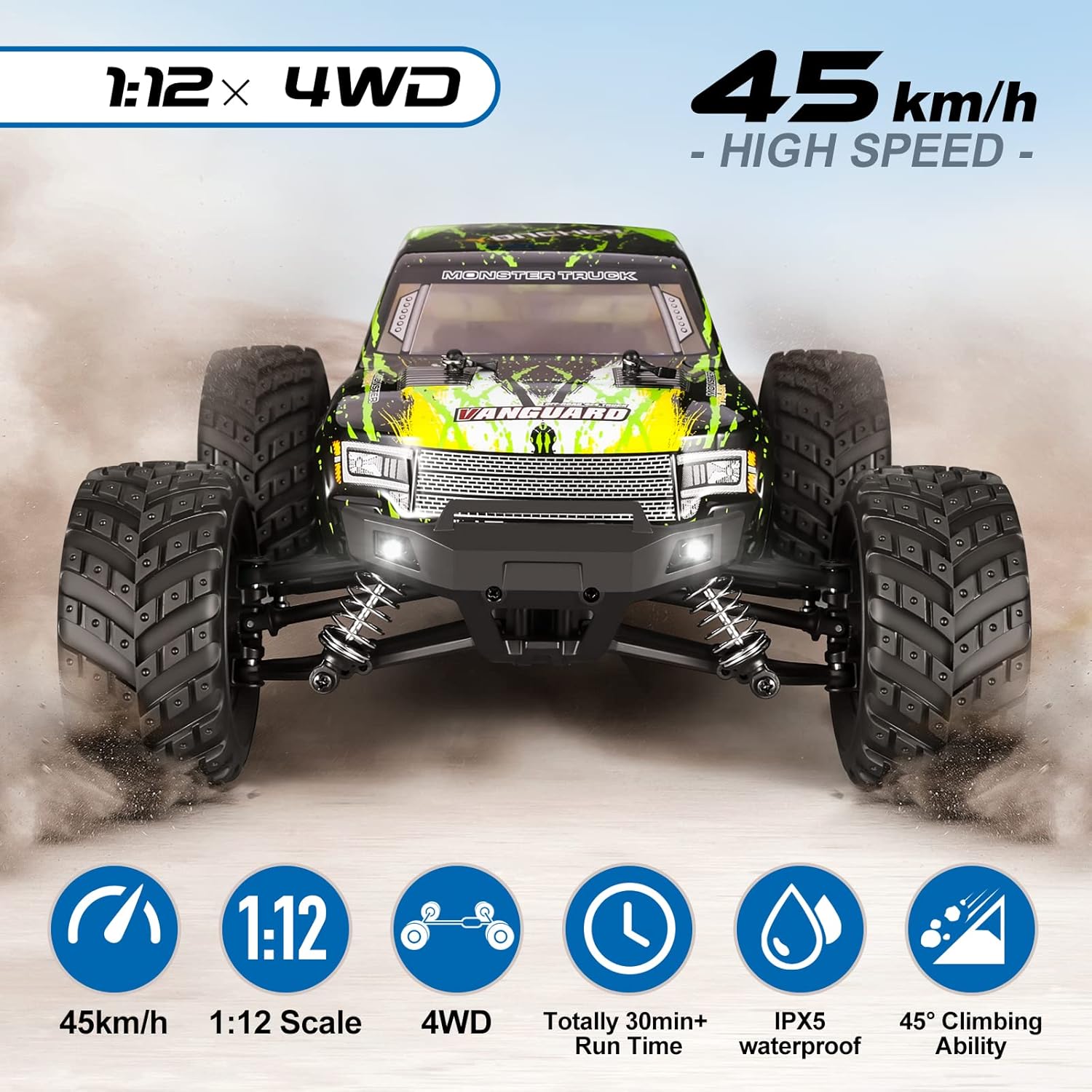 YONCHER YC300 RC Cars, 1:12 Large RC Cars for Adults, Remote Control Truck 45+Km/h High Speed All Terrains, 4WD Hobby 4X4 Waterproof Off Road RC Truck, RC Crawler with 2 Battery for Boys