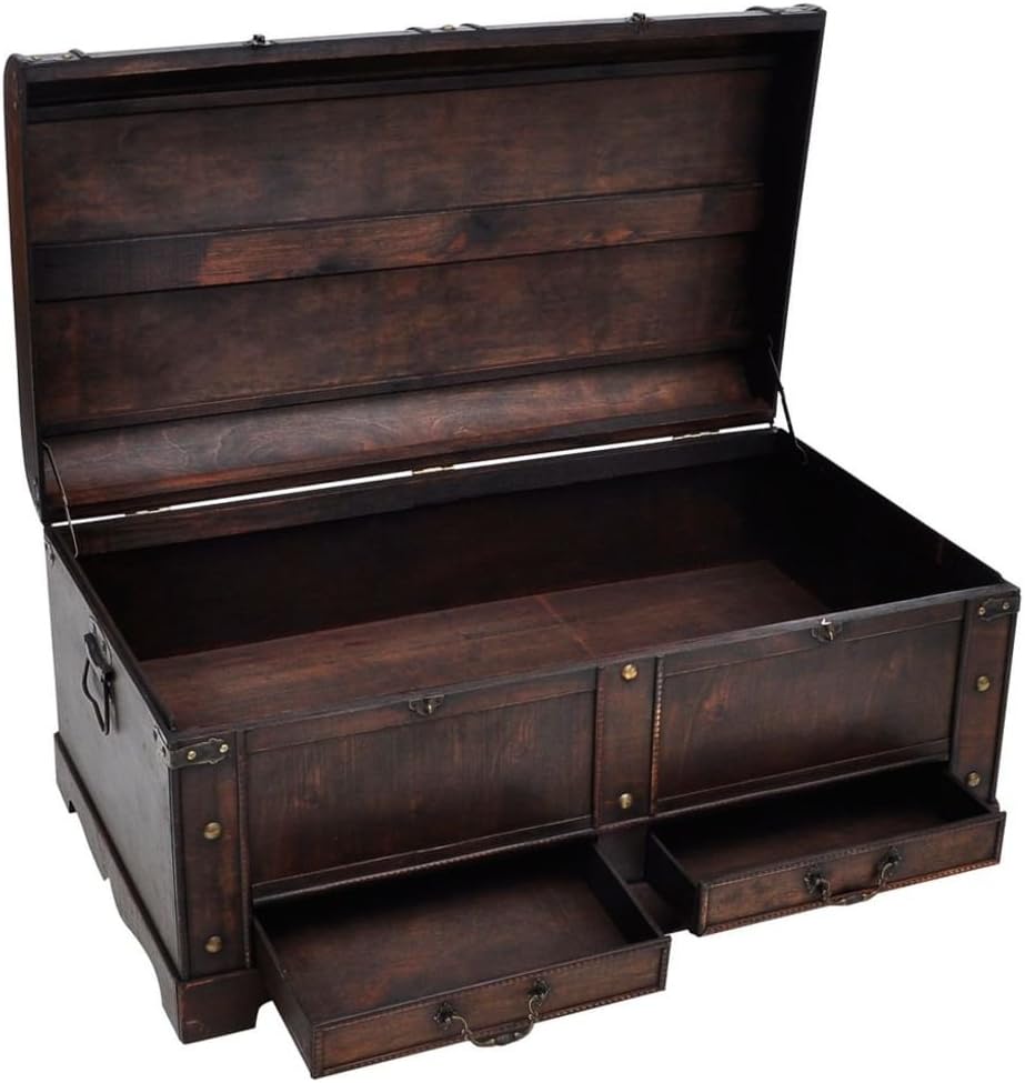 Wooden Storage Trunk Treasure Chest, Decorative Small Wooden Chest with Hinged Lid for Home Livingroom Bedroom Cafe Bar Hotel