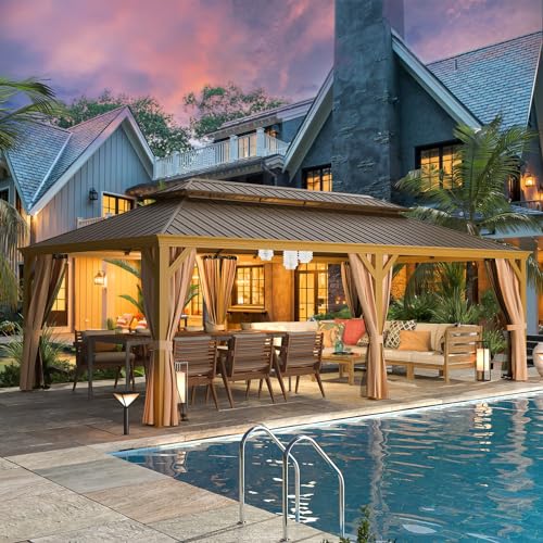 MELLCOM 12'x16' Hardtop Gazebo, Galvanized Steel Metal Double Roof Canopy with Curtains and Netting, Brown Permanent Pavilion Gazebos with Aluminum Frame for Garden, Patio, Lawns, Deck