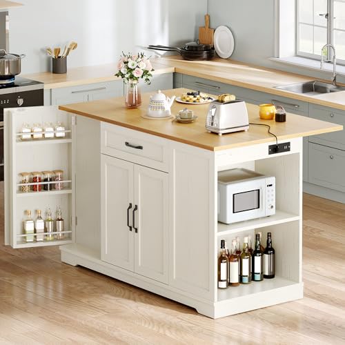 YITAHOME 50" Rolling Kitchen Island with Power Outlet & Drop Leaf, Mobile Storage Islands with Trash Can Cabinet, Microwave Rack Serving Cart on Wheels with Spice Rack, Retro White