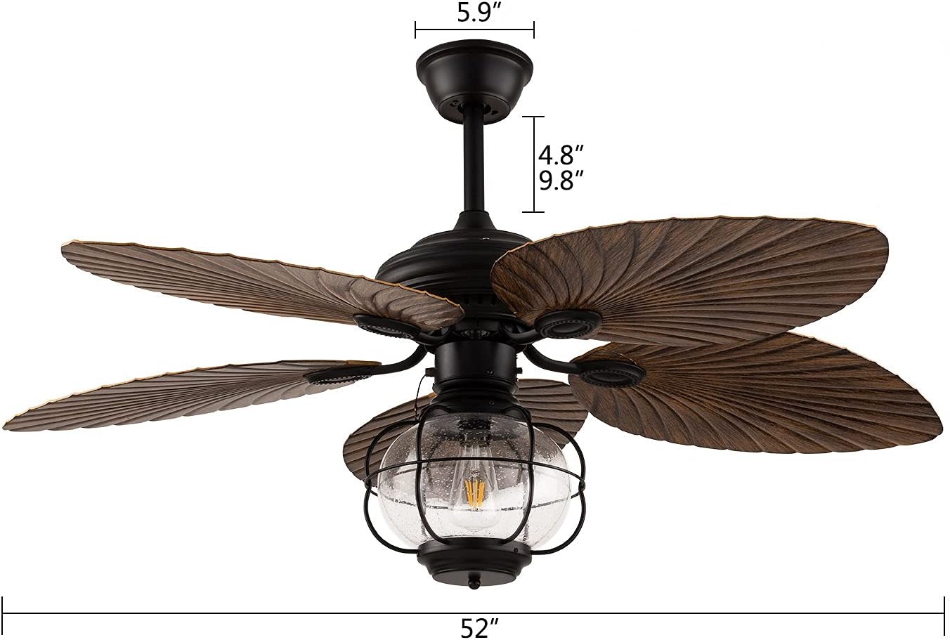 Tropical Ceiling Fans with Light 52 Inch Palm Leaf Ceiling Fan 5 ABS Palm Blades Glass Lampshade Chandelier Lighting Fixture 3-Speed Changes w/Remote Reversible for Kitchen Bedroom Living Room