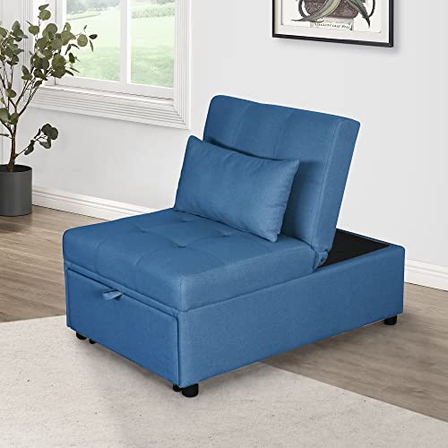 Fold Sofa Bed,Folding Ottoman Sleeper Sofa Bed,Modern Convertible Sleeper Chair Bed Sleeper Couch Bed Single Studio Futon Bed Guest Chaise Lounge Bed with Adjustable Recliner(Linen Fabric Blue)