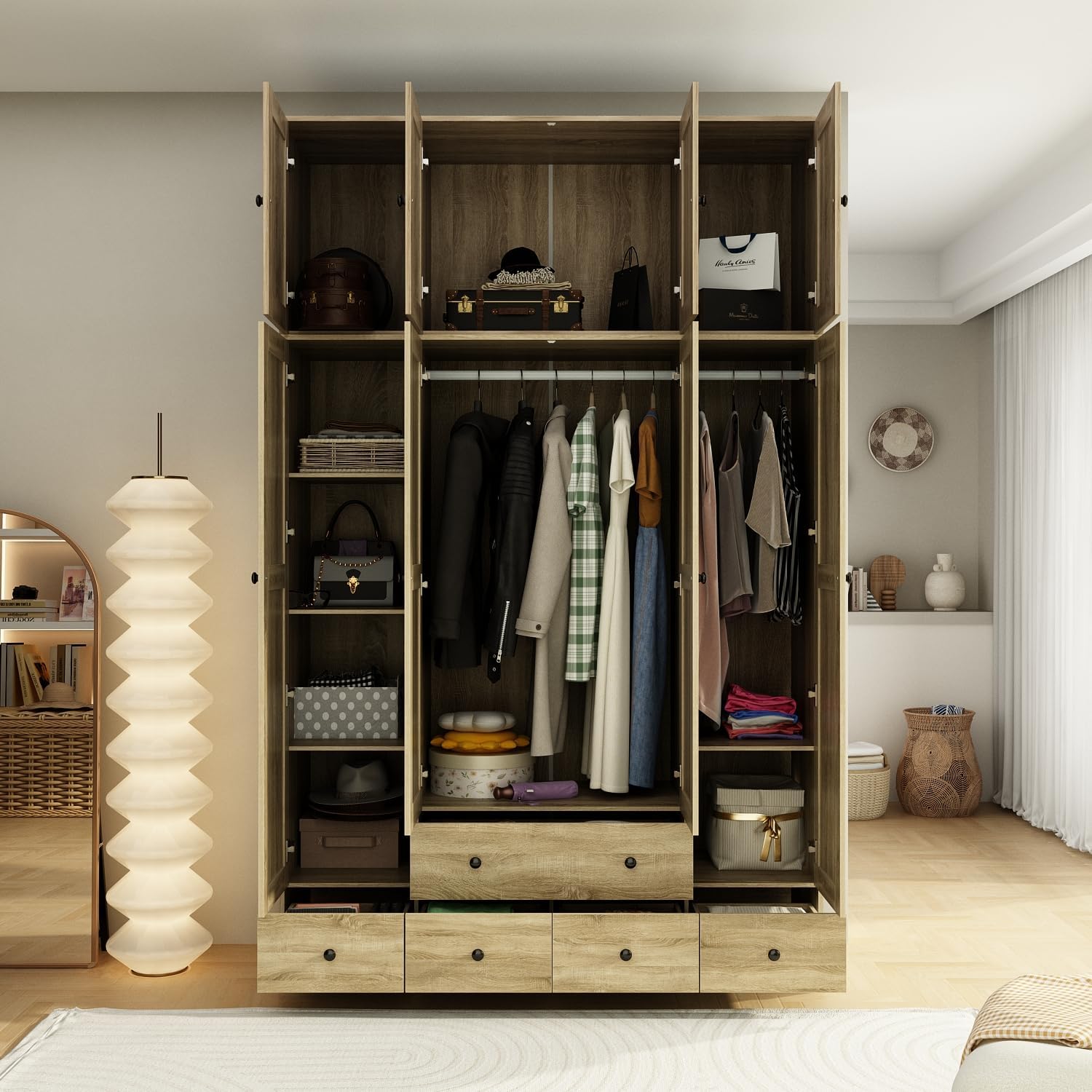 Homsee 8 Door Wardrobe Armoire Closet, Bedroom Cabinet Armoire with Rattan Doors, 5 Drawers, 2 Hanging Bars, Top Cabinets & Shelves, Light Brown