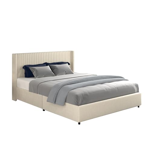 Queen Size Linen Upholstered Platform Bed Frame with 4 Storage Drawers and Wingback Headboard, Wooden Slat Mattress Support, No Box Spring Needed, Grey