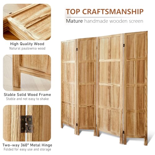 Wood Room Divider 4 Panel, 5.6 FT Tall Room Divider and Folding Privacy Screen, Partition Divider for Room Separation, Wooden Wall Divider Screen for Home Office Bedroom (Retro White)
