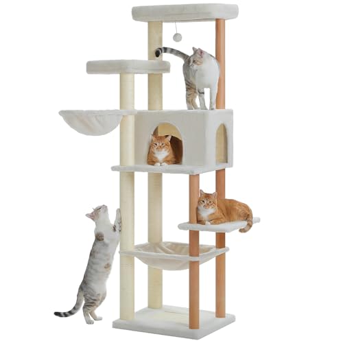 PAWZ Road Large Cat Tree, 73 Inches Tall Wooden Cat Tower with 2 Spacious Hammocks,2 Big Top Beds,8 Fully Scratching Posts and Natural Wood Posts, Multi Cat Tree for Indoor Cats Large Adult-XL