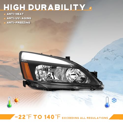LED Headlight Assembly for 03 04 05 06 07 Honda Accord, for 2003-2007 Accord OE Headlamp with Sequential Turn Signal, Black Housing Clear ReflectorLeft+Right