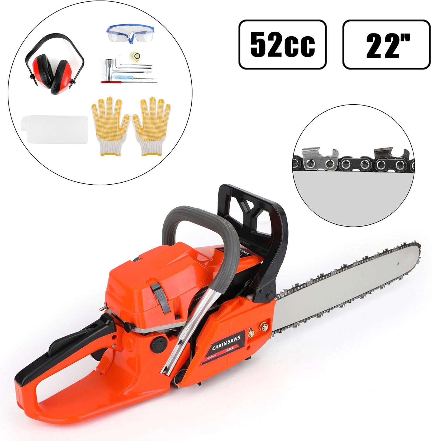 Topteng Gasoline Chainsaw 22 Inch, 52cc Gas Chainsaw 22" Bar Powered Engine 2 Cycle Gasoline Chain Saw, Orange