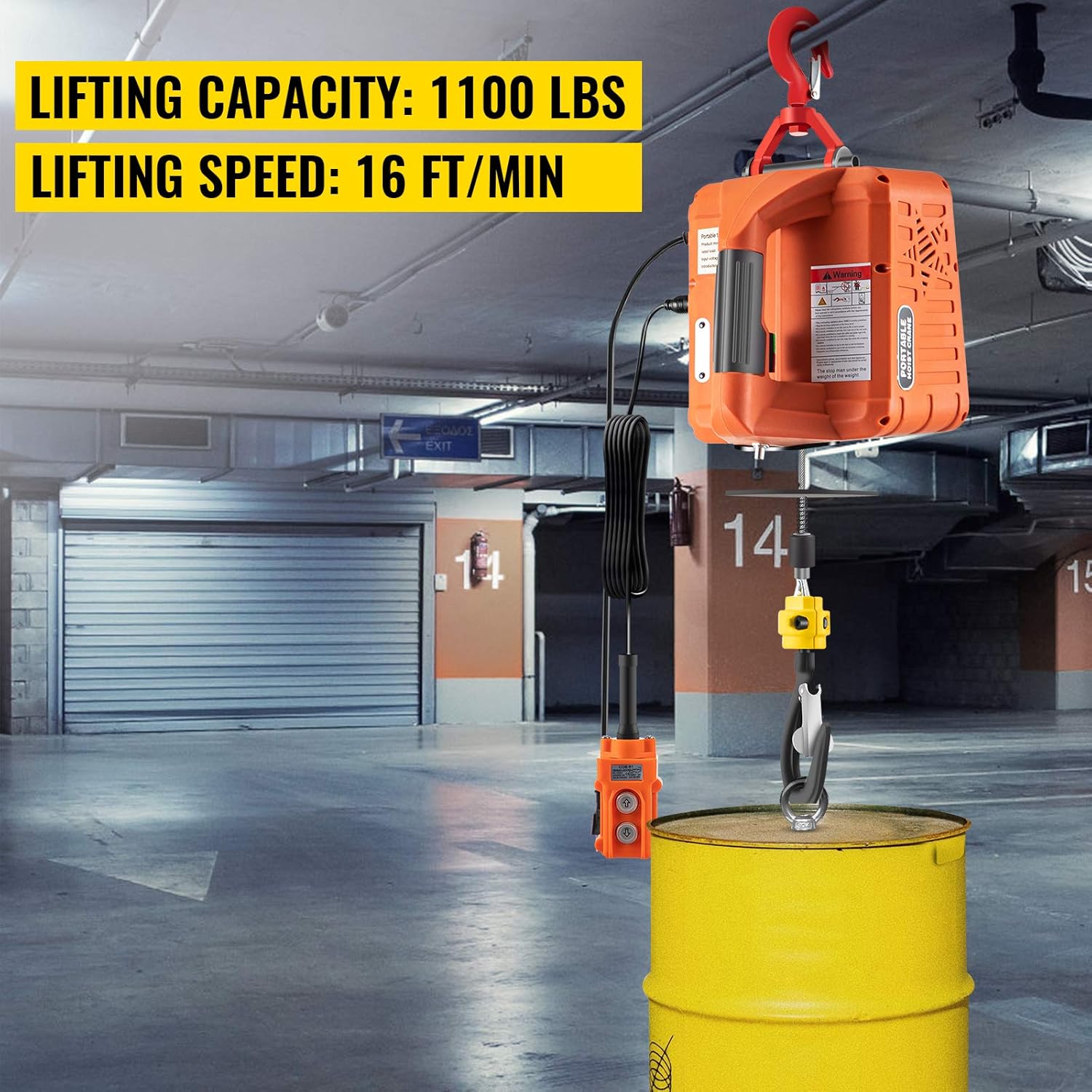 VEVOR Hoist, 1100lbs Portable Electric, 1500W 110V Power Winch Crane, 25ft Height, w/Wire Remote Control and Overload Protection for Garages Warehouse Lifting Towing, Orange