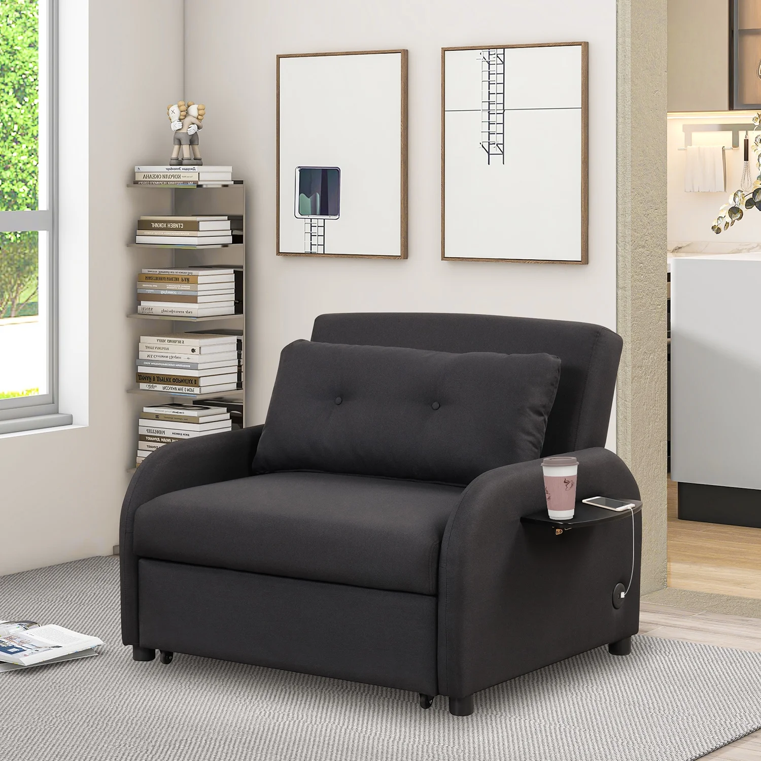Churanty Sofa Bed Chair 3 in 1 Convertible Lounger Sleeper Single Recliner for Small Space with Adjustable Backrest,2 Wing Table Side Pocket and USB Charge,Black