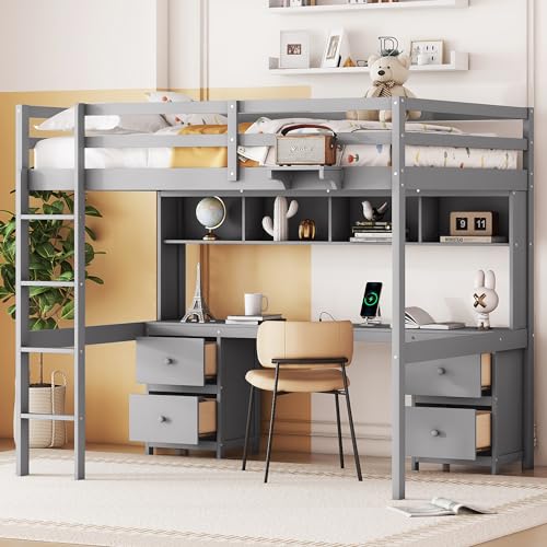Full Size Loft Bed with Desk and Storage, Wooden Loft Beds Frame with Charging Station, High Loft Beds with 4 Drawers & 4 Shelves & 2 Outlets & 2 USB Port for Kids Teens Adults, Gray