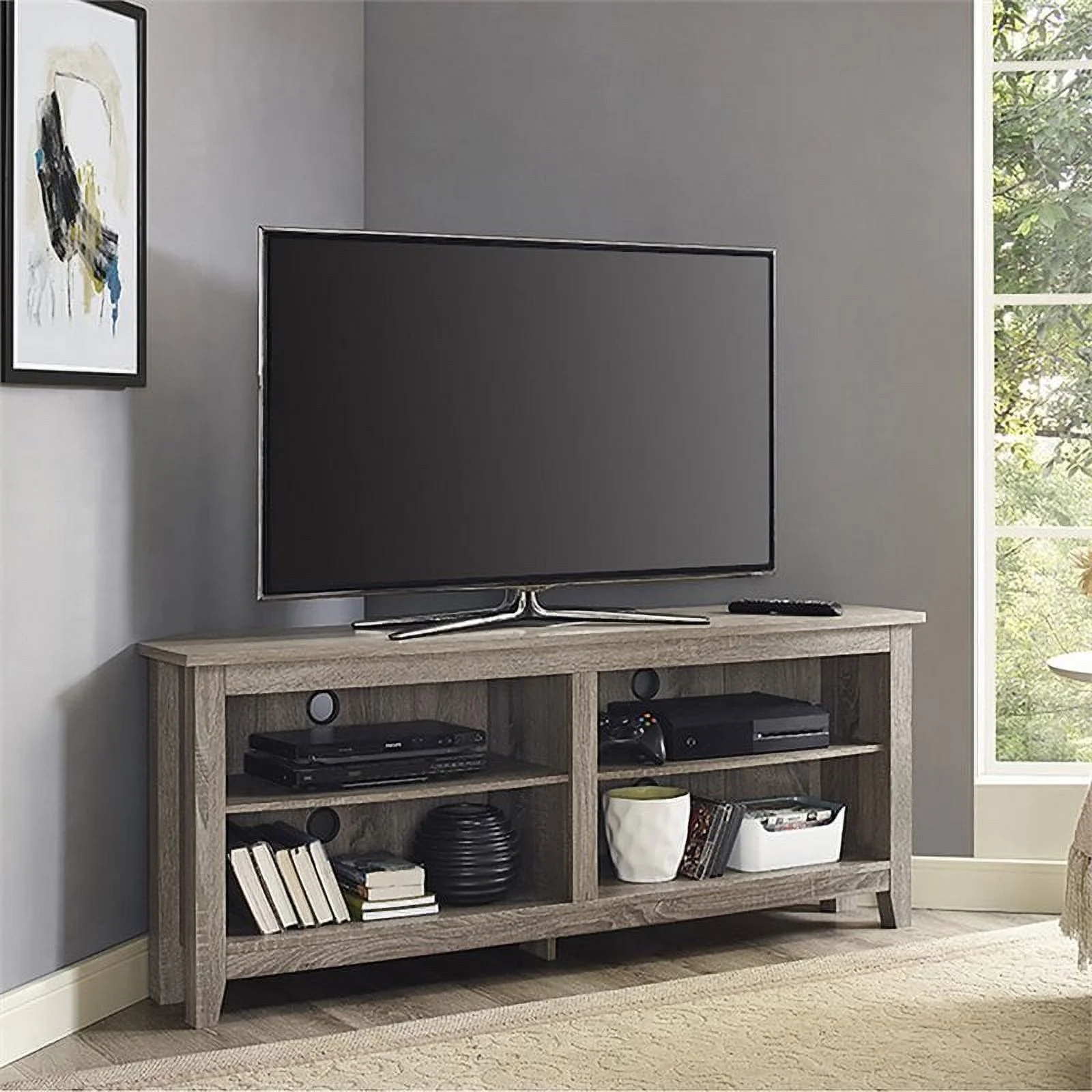 Pemberly Row Modern Wood Corner TV Stand for TVs up to 58" in Driftwood Gray