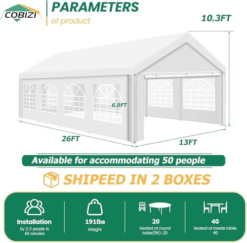 COBIZI 20x40 Party Tent Heavy Duty, Galvanized Wedding Tent, Event Shelter for Parties, Outdoor with Removable Sidewall & Built-in Sandbag, Carpas para Fiestas, Large Canopy, Waterproof, White