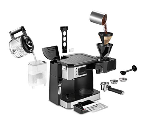 De'Longhi All-in-One Combination Coffee Maker & Espresso Machine + Advanced Adjustable Milk Frother for Cappuccino & Latte + Glass Coffee Pot 10-Cup, COM532M black