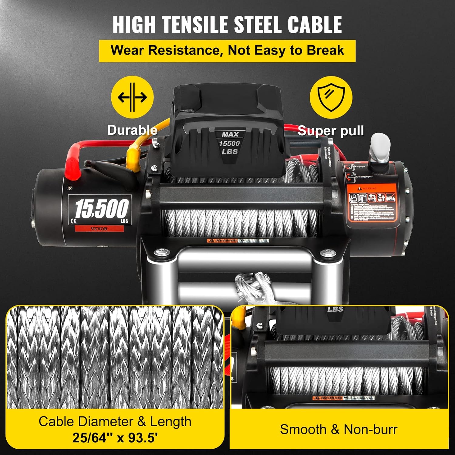 VEVOR Truck Winch 15500lb Load Capacity Compatible with Cable Steel 12V Power Winch with Wireless Remote Control
