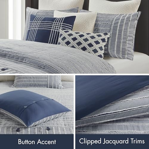 Madison Park King Comforter Set Clipped Jacquard Stripes with Buttons Boho Comforter for a King-Size Bed, Cotton Oversized Comforters with Removable Cover Boho Bedding, King Ivory 9 Piece