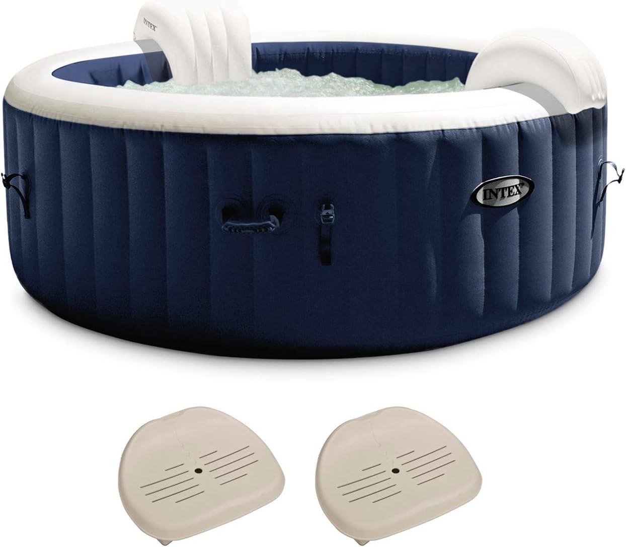 Intex 28431E PureSpa Plus 85in x 25in Outdoor Portable Inflatable 6 Person Round Hot Tub Spa with 170 Bubble Jets, Cover, Built in Heater Pump, and 2 Non-Slip Seats, Navy