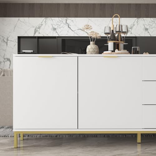 MOUMON Sideboard Storage Cabinet with Drawers and Doors, Credenza Sideboard Buffet, Gold Metal Frame Legs, for Kitchen Hallway White (62.9”W x 15.7”D x 27.5”H)