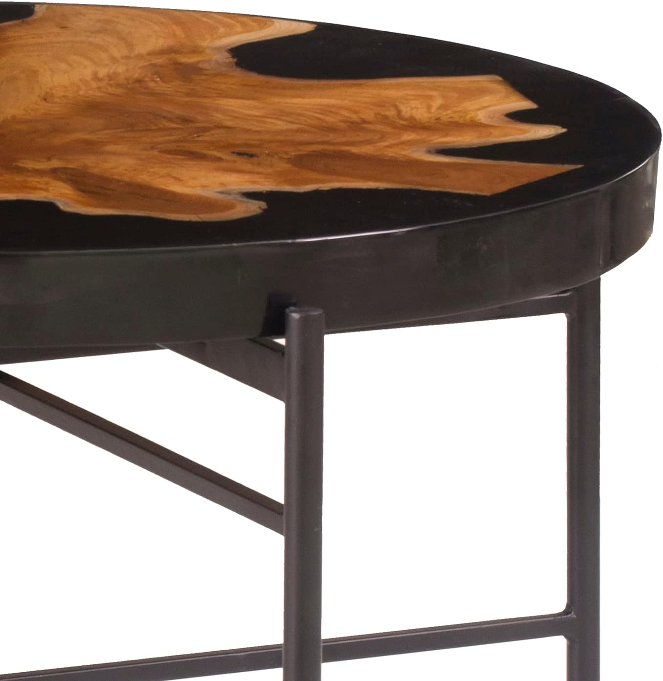 Benjara 24 Inch Round Accent Side Table, Teak Root Wood and Iron, Brown, Black