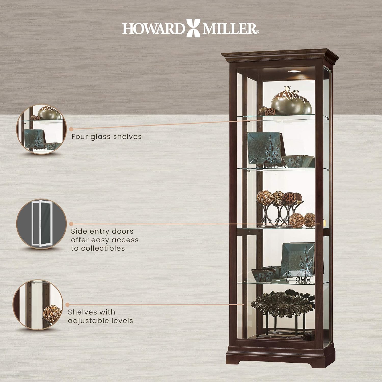 Howard Miller Brantley Curio Cabinet 680-671 – Espresso Finish, Vertical Home Decor, Four Glass Shelves, Five Level Display Case, No Reach Light, Sliding Doors
