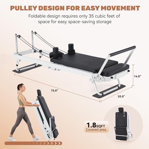 JOMEED Foldable Pilates Reformer Machine Equipment for Home Use and Gym Workout，Compact Pilates Board Up to 400LBS with Dual Resistance- Springs and Cords and Jump Boards