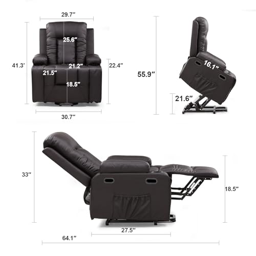 COMHOMA Power Lift Recliner Chair for Elderly and Adults Electric PU Leather Recliners Electric Sofa Chair with Massage & Heat, Cup Holders, Side Pockets (Brown)
