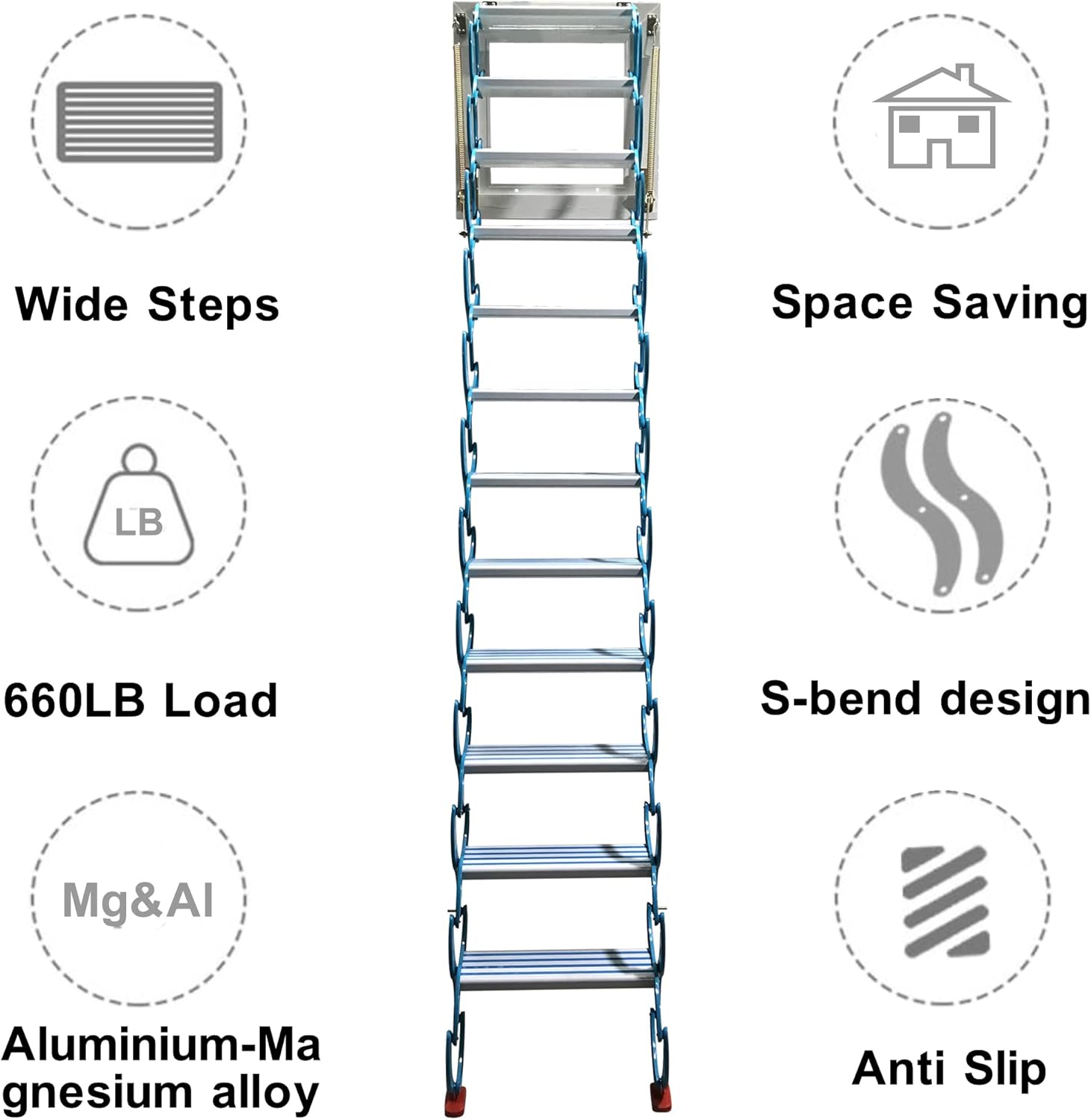 TECHTONGDA Folding Ladder Attic Loft Pull Down Ladder Stairs 12 Steps Wall Mounted Folding Stairs Al-Mg Alloy 9.8ft Height Attic Stairs Blue Retractable Attic Steps Loft Ladder with Armrests