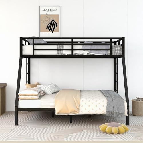 Full XL Over Queen Metal Bunk Bed, Heavy Duty Metal Bunk Beds Frame with 2 Ladder for Kids Adults, No Box Spring Needed/Space-Saving/Noise-Free, Black (Full XL Over Queen)