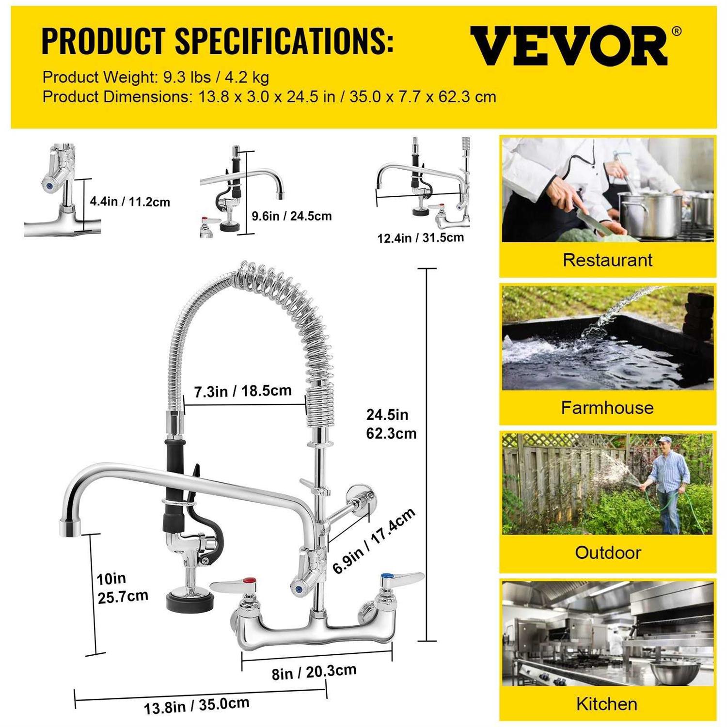 VEVOR Commercial Faucet with Pre-Rinse Sprayer 8 Adjustable Center Wall Mount Kitchen Faucet with 12 Swivel Spout - Shop Hardware Tools Online Store