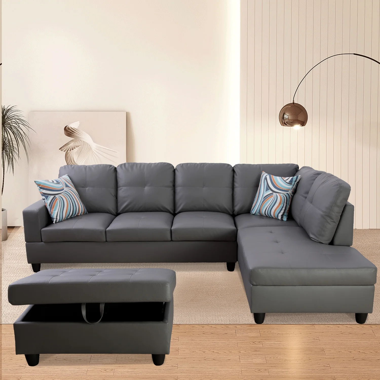 PonLiving Sectional Sofa Couch, L-Shaped 3-Piece Couch Living Room Sofa Set for Small Space, Apartment, Loft, Office, Right Hand Facing, Dark Grey
