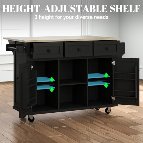 Large Kitchen Island On Wheels with Storage 54in Width Mobile Moveable Portable Rolling Wood Island for Kitchen Dining Room with Drawers Cabinet Spice Rack Towel Rack