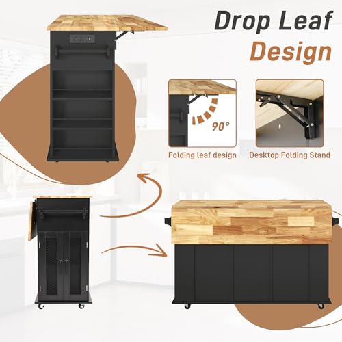 59" Kitchen Island W/Power Outlet&Drop Leaf,Kitchen Rolling Island W/Spice Rack&Towel Rack&Drawers,Kitchen Island Cart W/Sliding Barn Door,Mobile Island Table W/Adjustable Shelves for Dining Room