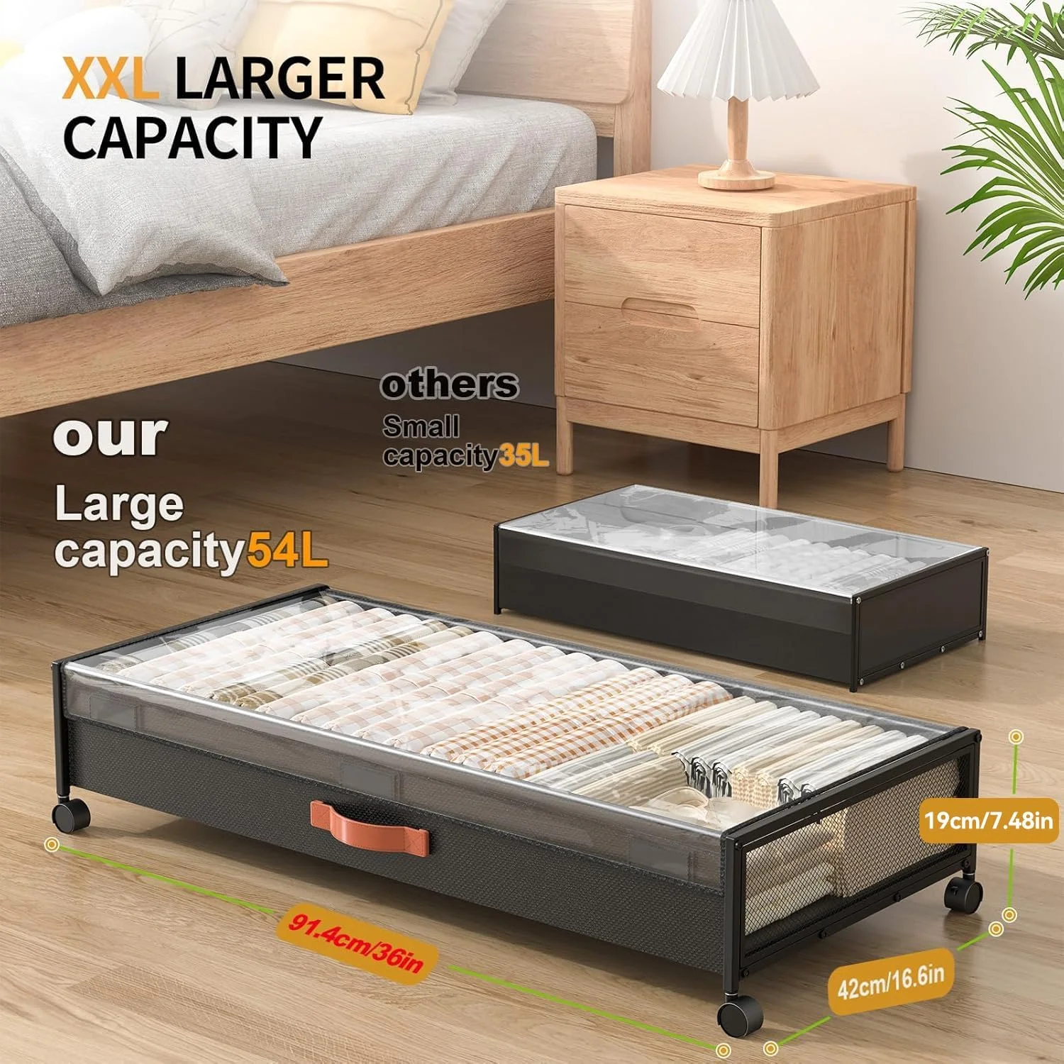 Under Bed Storage Containers With Wheels 54L Large Underbed Shoes Blankets Clothes Toy Storage Drawers For College Dorms Bedrooms Nursery Rooms Organization… (Black 2 Pack, XXL(36x16.6x7.28))