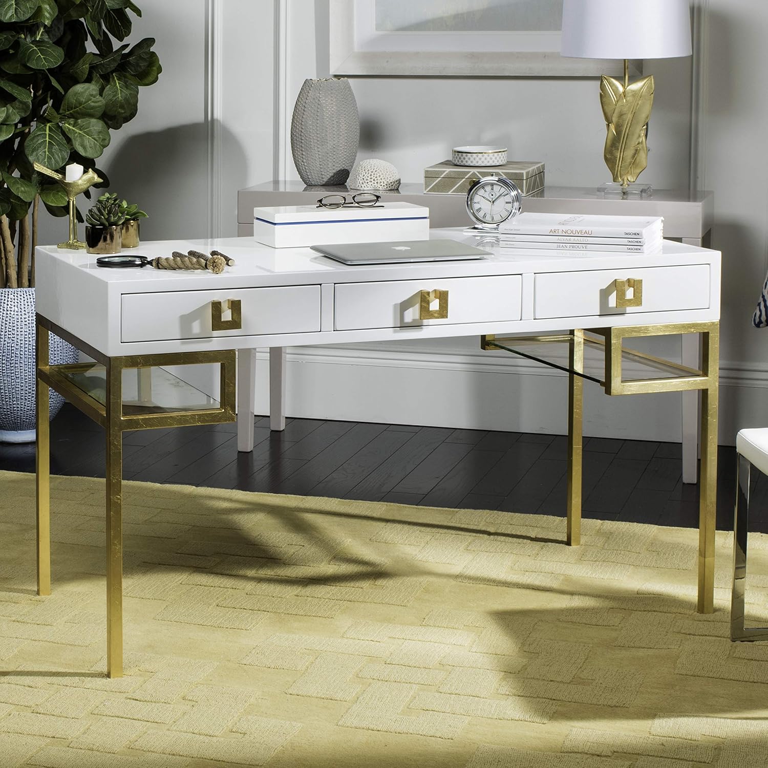 Safavieh Couture Home Office Neria Glam White Lacquer and Gold Leaf 3-drawer Writing Desk