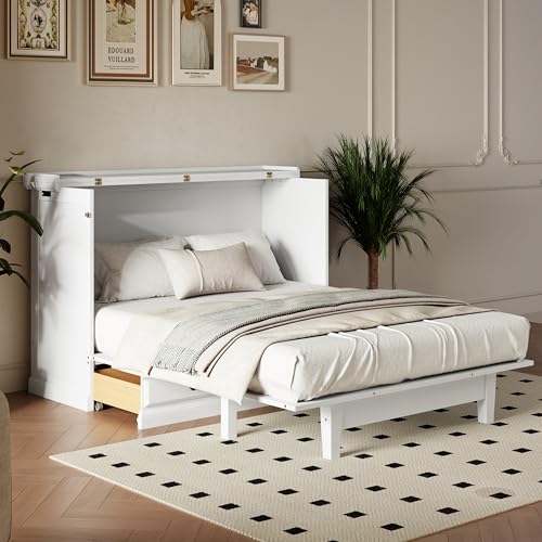 Harper & Bright Designs Queen Size Murphy Bed, Solid Pine Murphy Bed Frame Cabinet with Charging Station and Large Drawer, White